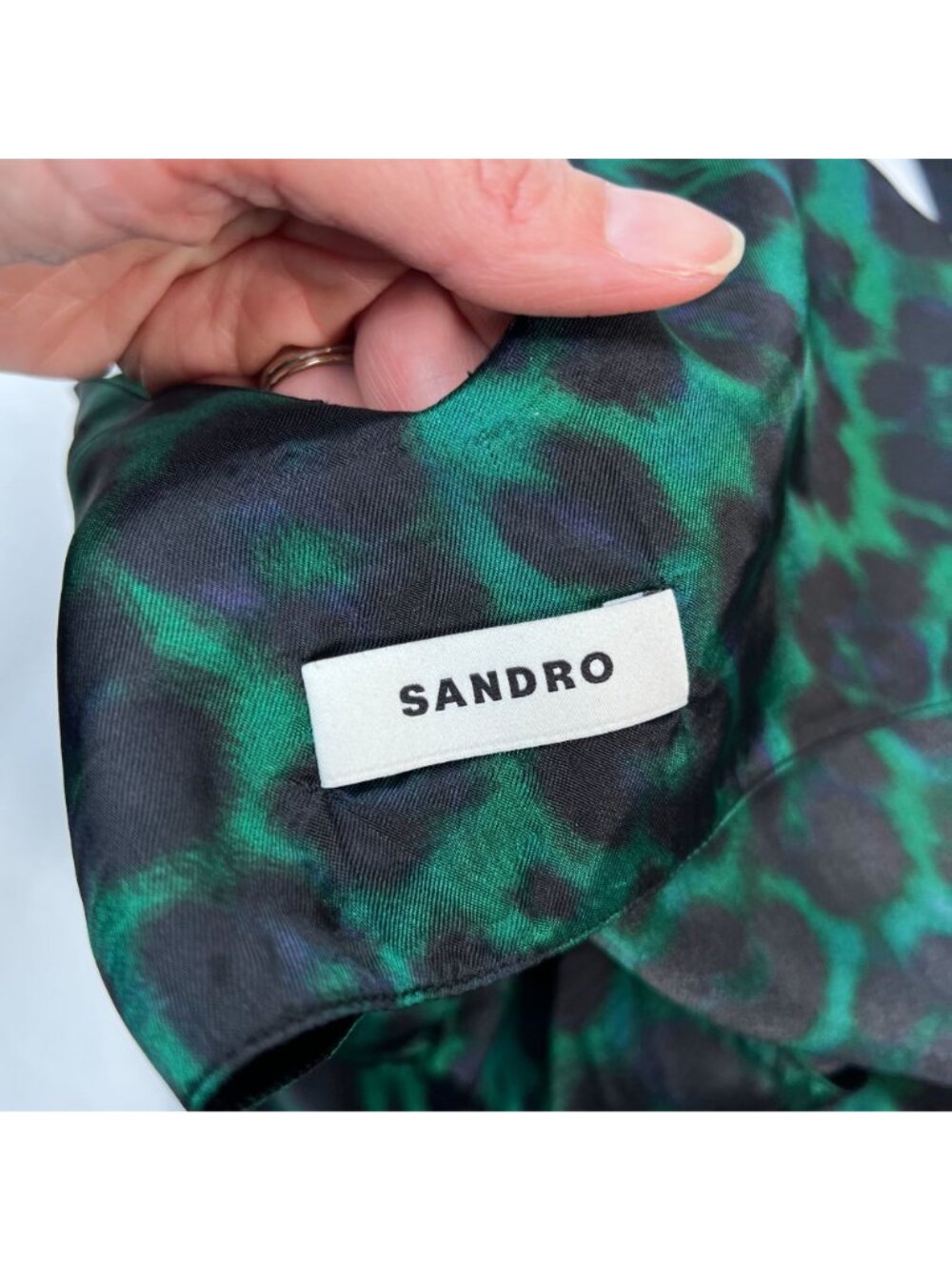 Sandro Amazonie Leopard Print Satin Midi Slip Dress Green Animal Print US 4 - Picture 8 of 16